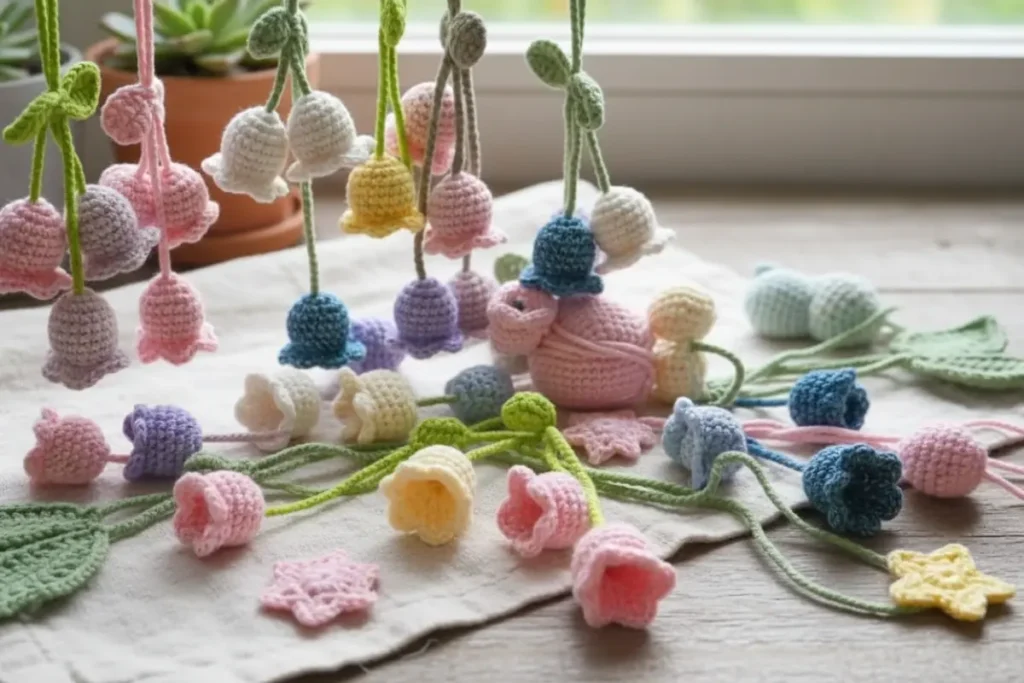 Bell Flower Ornament Crochet Pattern handmade purple crochet bell flower with green leaves hanging decoration