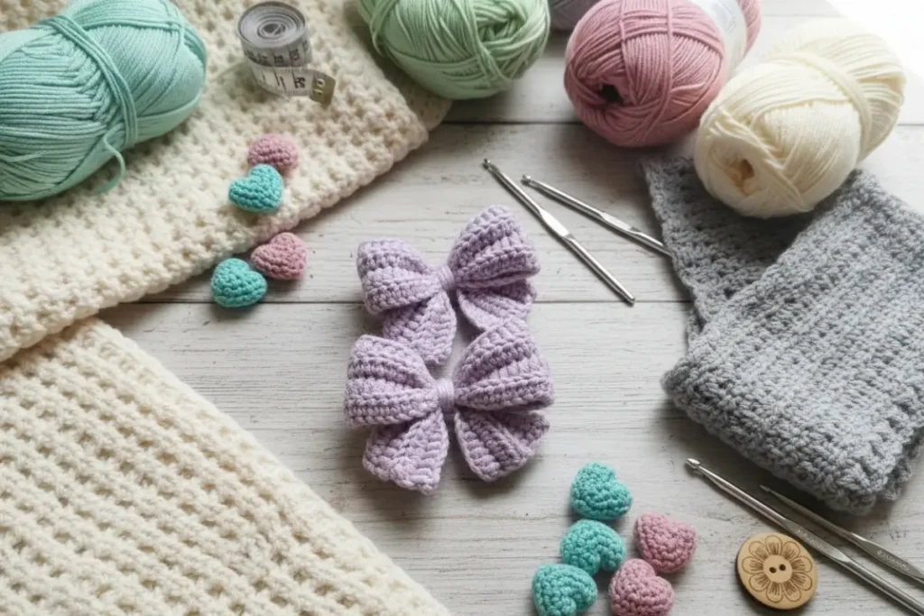 Ribbed crochet bow pattern made with lavender yarn showing textured ribbed stitches