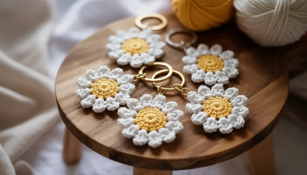 Crochet Daisy Keychain Pattern handmade small flower keyring