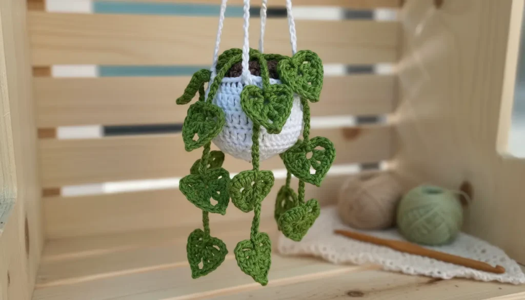 Crochet hanging plant monstera style with cascading vines and handmade leaves