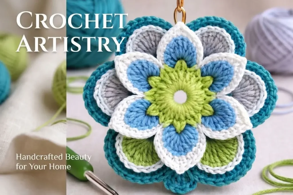 Create a beautiful Layered Bloom Mandala Ornament Crochet Pattern with this detailed US crochet tutorial featuring layered flowers and decorative leaves.