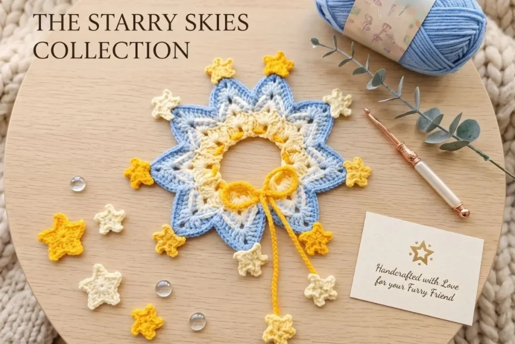 Crochet Star Snowflake Wreath Ornament Pattern made with cream, white, baby blue, and golden yellow cotton yarn.