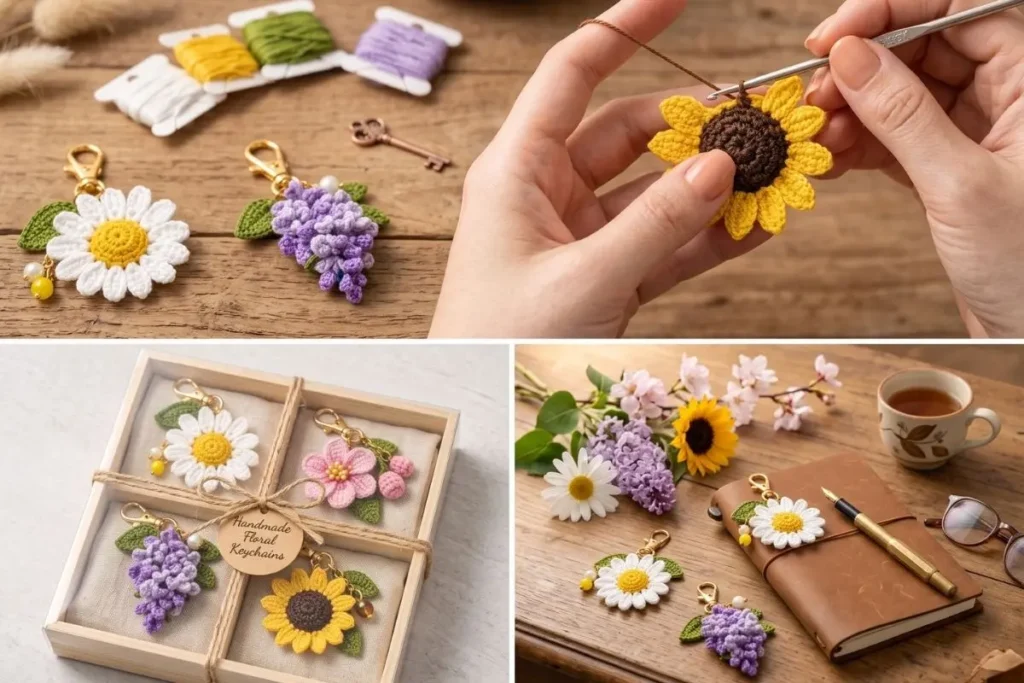 Crochet Sunflower Keychain Pattern made with yellow petals, brown center, and green leaf using cotton yarn.