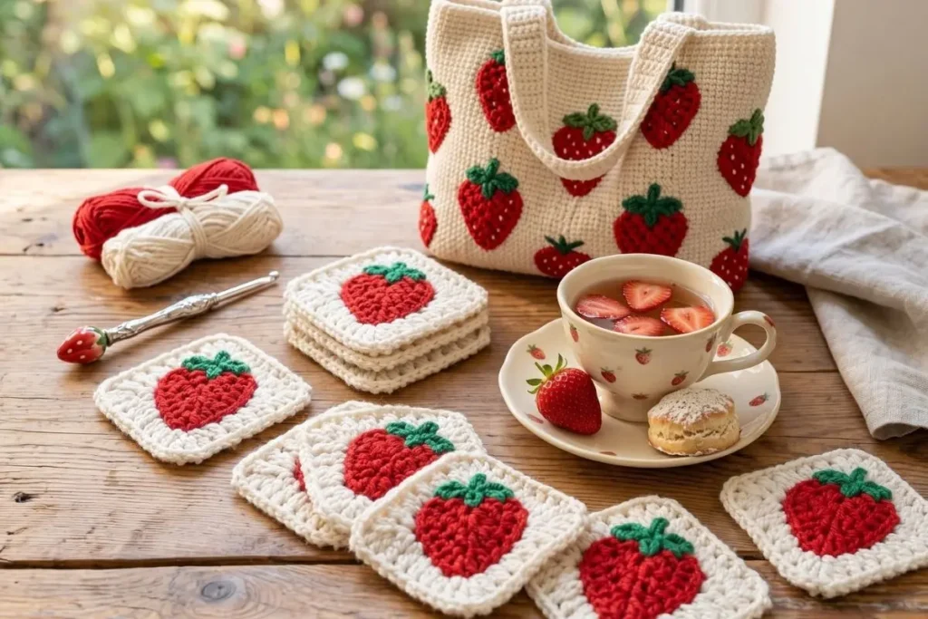 Handmade Strawberry Garden Tote Bag Crochet Pattern featuring colorful strawberry appliqués on a sturdy cotton crochet tote.
