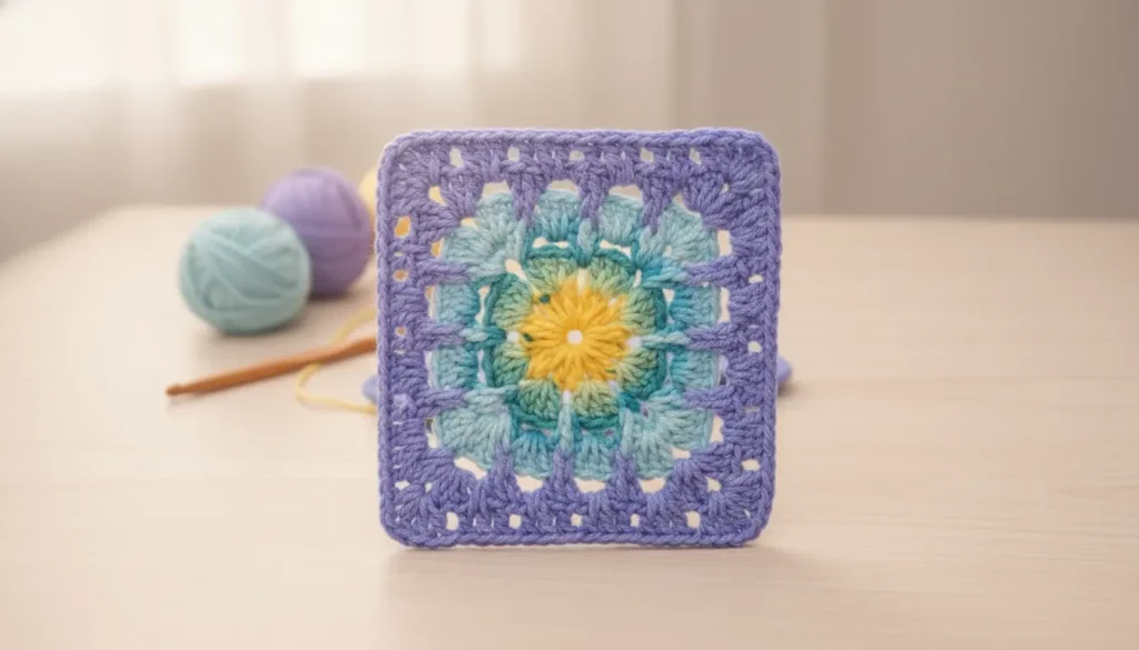 3D floral granny square crochet pattern with layered petals in turquoise and purple border