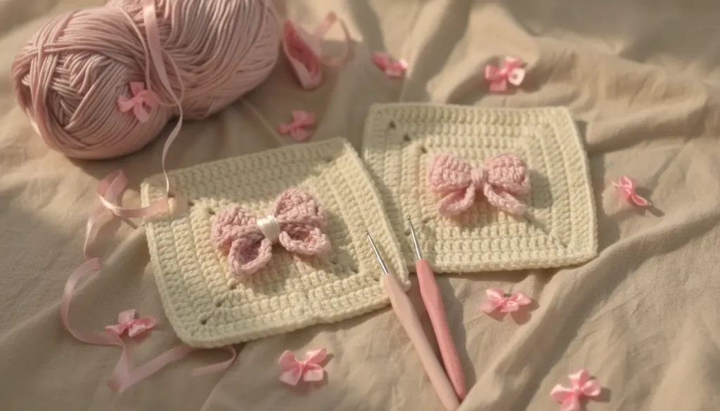 Soft Bow Square Appliqué Crochet Pattern in cream and pink yarn with decorative border and bow detail
