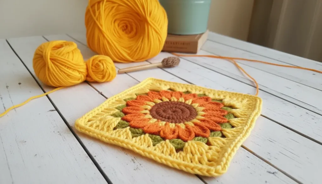 Sunflower Granny Square Crochet Pattern with layered petals and textured center