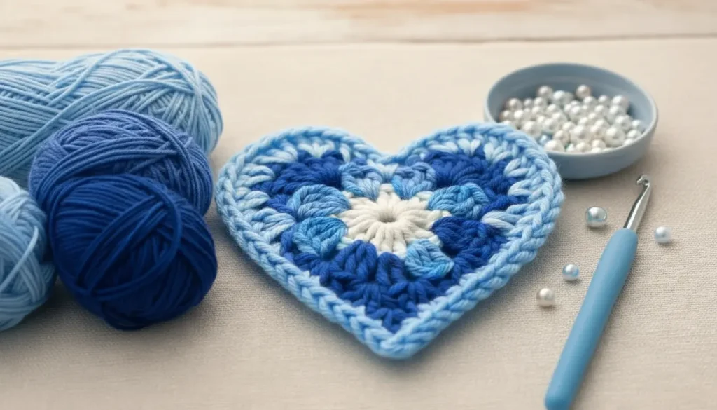 Blue textured heart appliqué crochet pattern in layered shades of blue