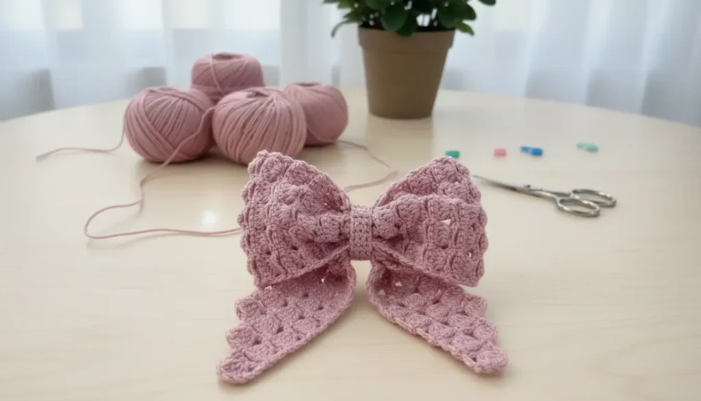 handmade crochet bow pattern with scalloped edges and soft yarn texture