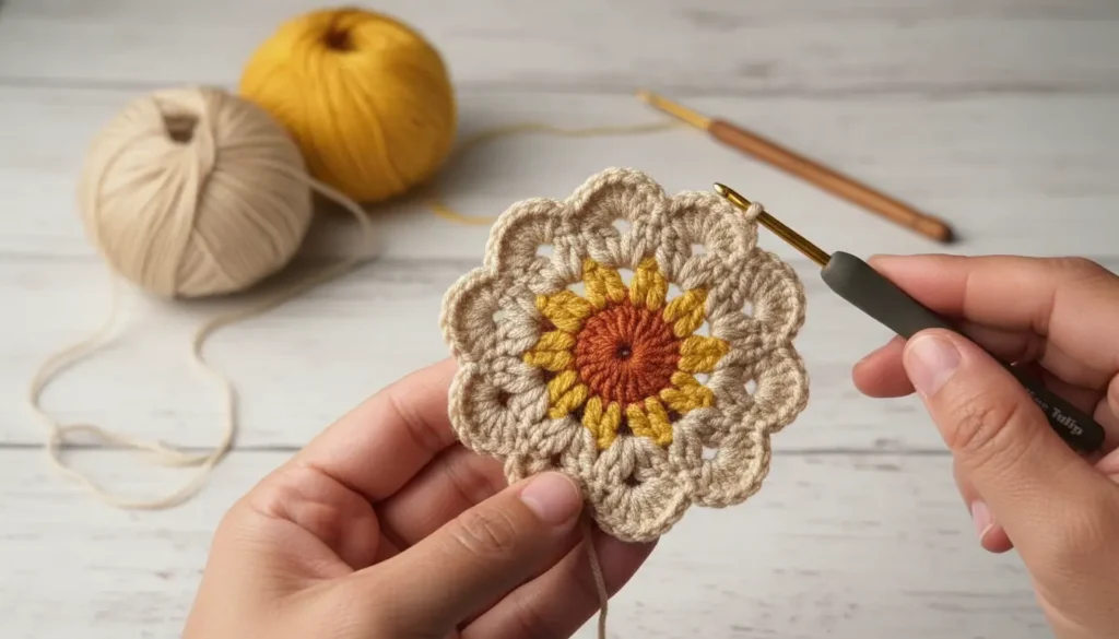 crochet flower motif pattern with layered petals in rust, mustard, and beige yarn