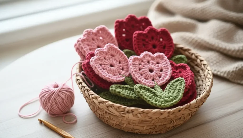 crochet tulip appliqué pattern with green leaves and pink petals