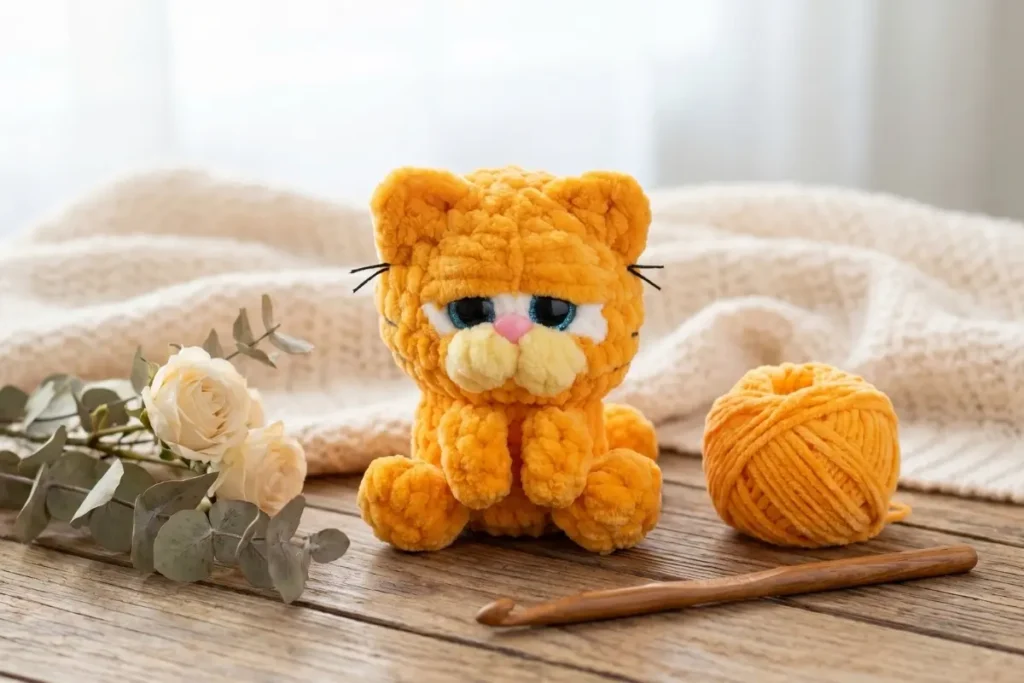 Fluffy Orange Cat Amigurumi Crochet Pattern made with plush chenille yarn