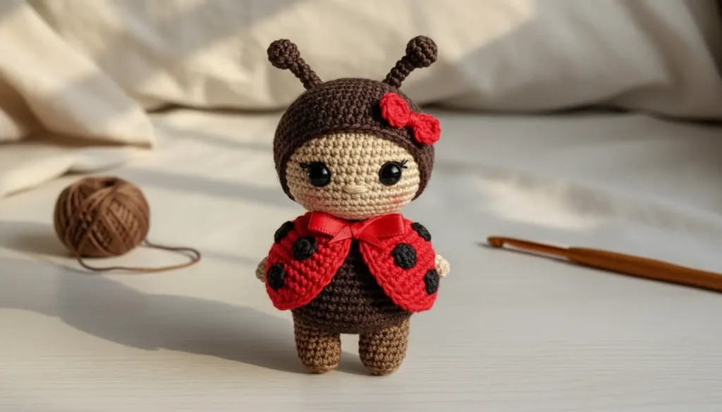 Ladybug doll amigurumi pattern finished crochet doll with red wings and black spots