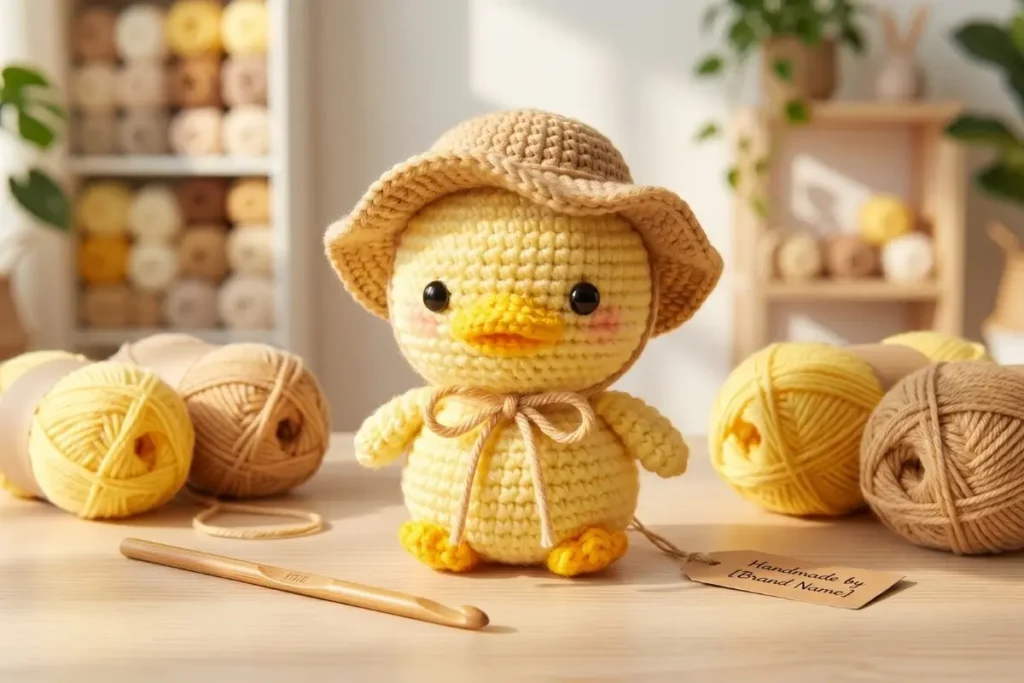 Little Duck with Floppy Hat Amigurumi Pattern crocheted in soft yellow yarn with floppy beige hat and bow