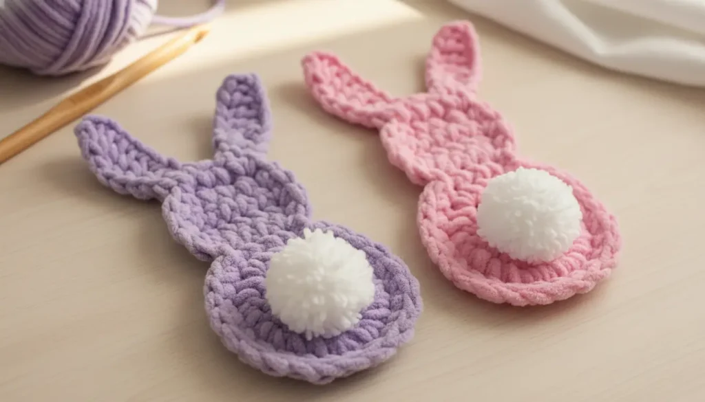 Tutorial / Pattern: crochet bunny applique pattern in pastel yarn with small pom pom tail