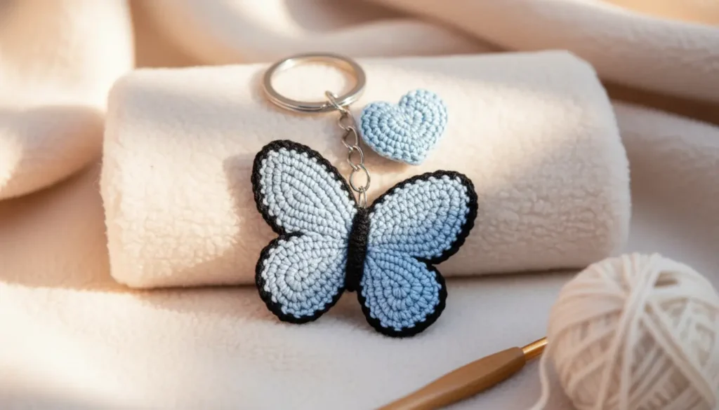 Crochet butterfly keychain pattern in light blue and black yarn, handmade amigurumi accessory