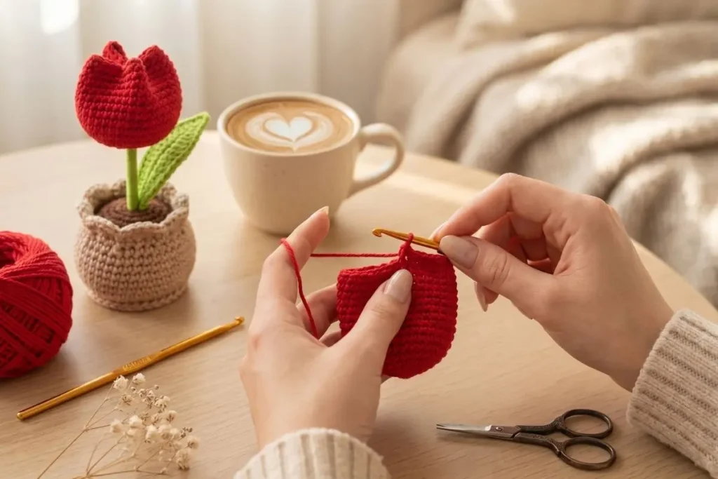 Tulip Flower in Pot Amigurumi Crochet Pattern handmade crochet tulip in decorative pot