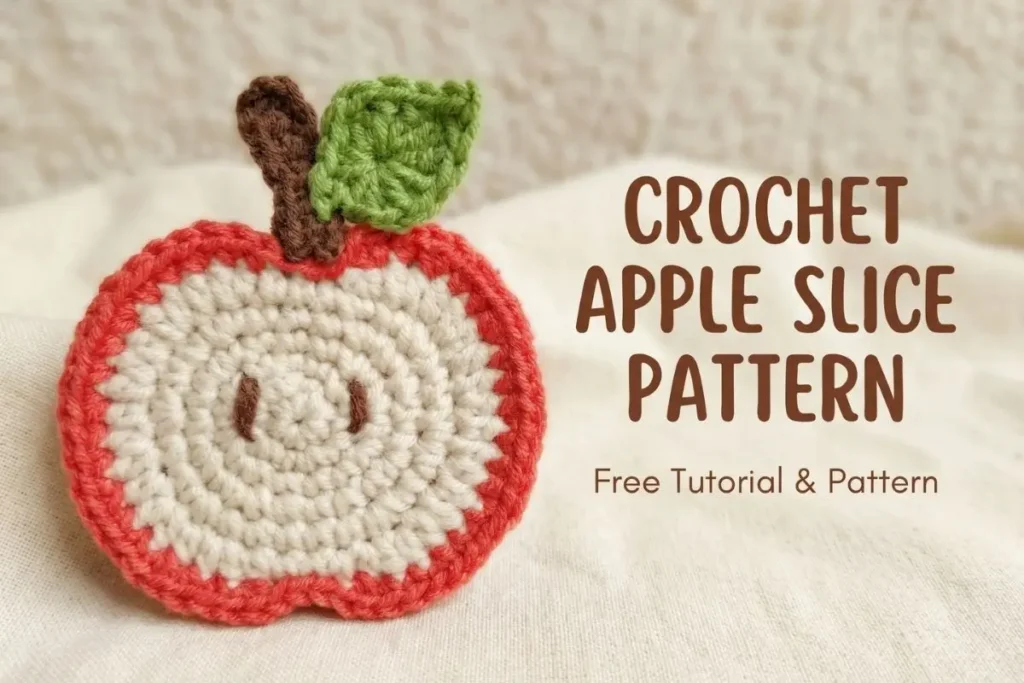 Crochet Apple Slice Coaster Pattern with cream center, red border, brown seeds, stem and green leaf