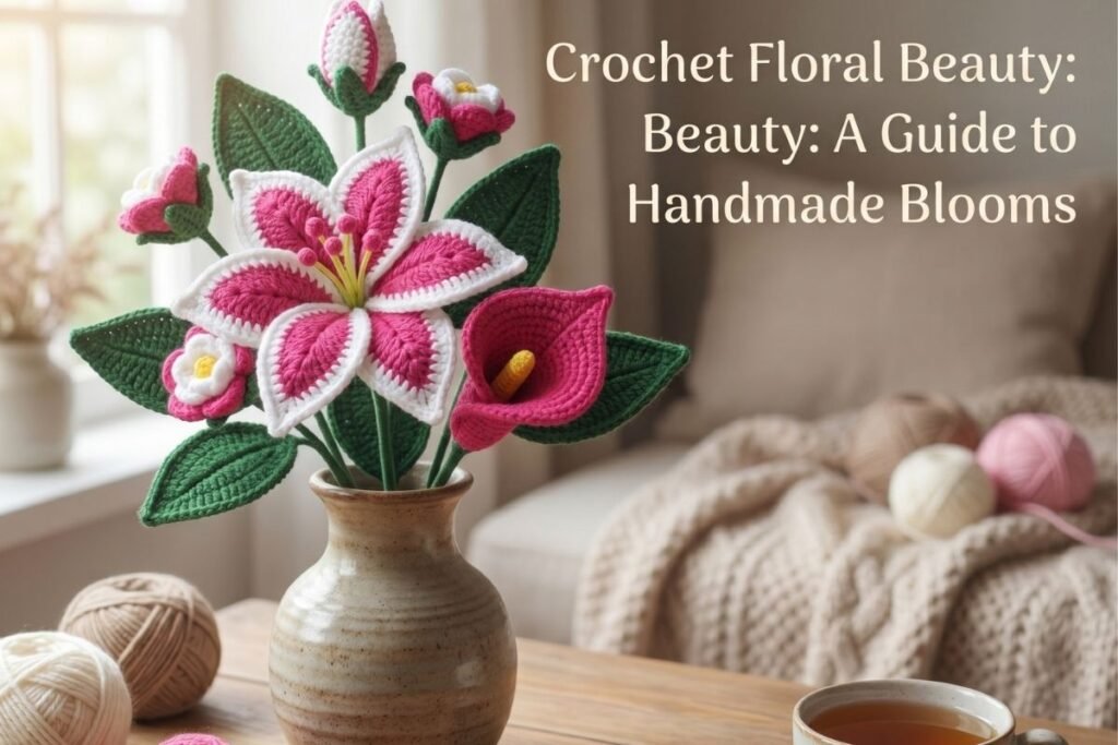 Crochet Floral Stem Bouquet Pattern featuring pink flower, calla lily, tulip bud, blossoms and leaves