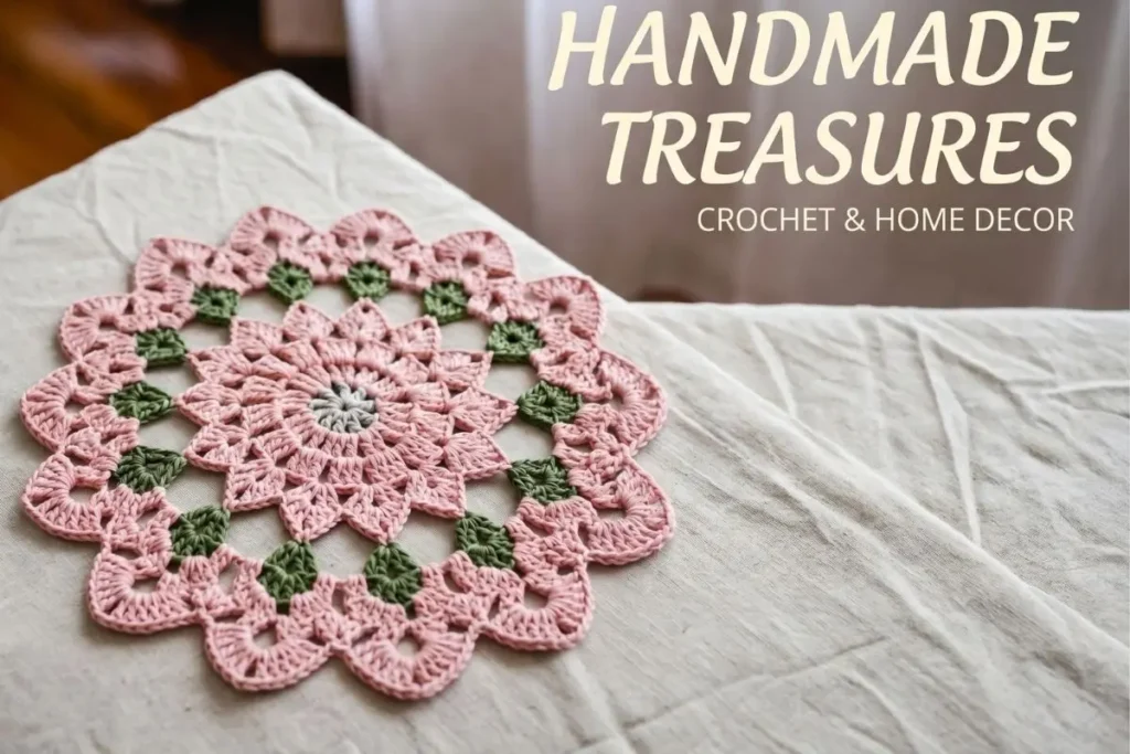 Crochet Flower Doily Pattern with pink petals, green leaves, and lace border