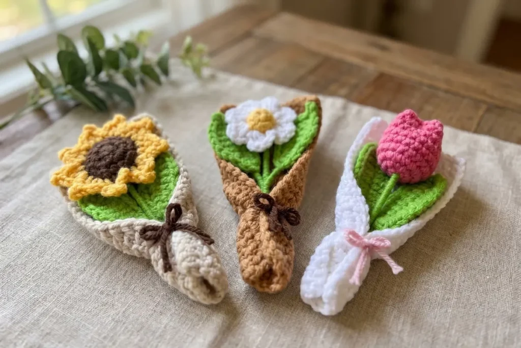 Crochet Tulip Bouquet Appliqué Pattern with pink tulip, green leaf, white bouquet wrap, and decorative bow