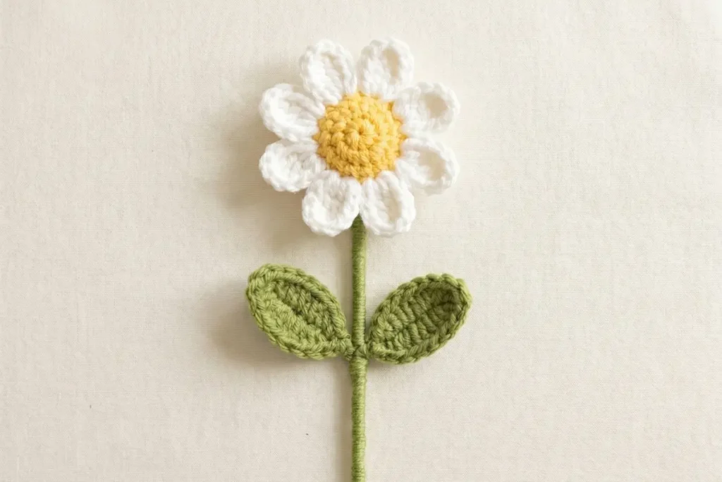 Daisy Flower Crochet Appliqué Pattern with white petals, yellow center, green stem and leaves