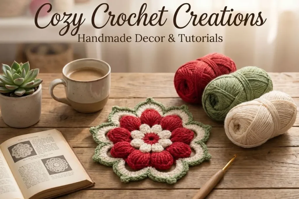 Create the Layered Bloom Doily Crochet Pattern with this detailed floral design featuring layered petals and a decorative leaf border.