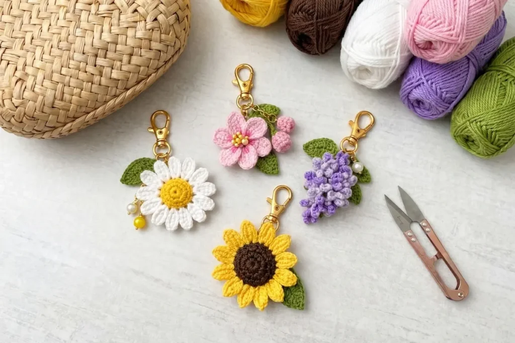 Sunflower Crochet Appliqué Pattern with yellow petals, brown center, and green leaf handmade in crochet
