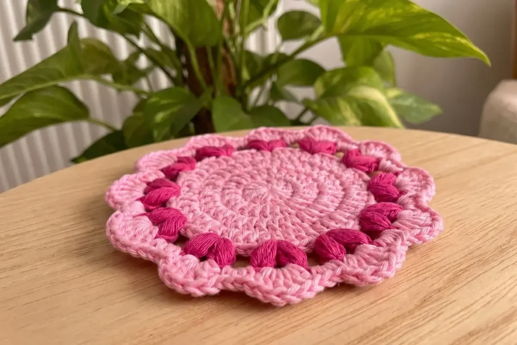 Sweet Blossom Doily Crochet Pattern with embroidered pink flower petals and scalloped crochet edging