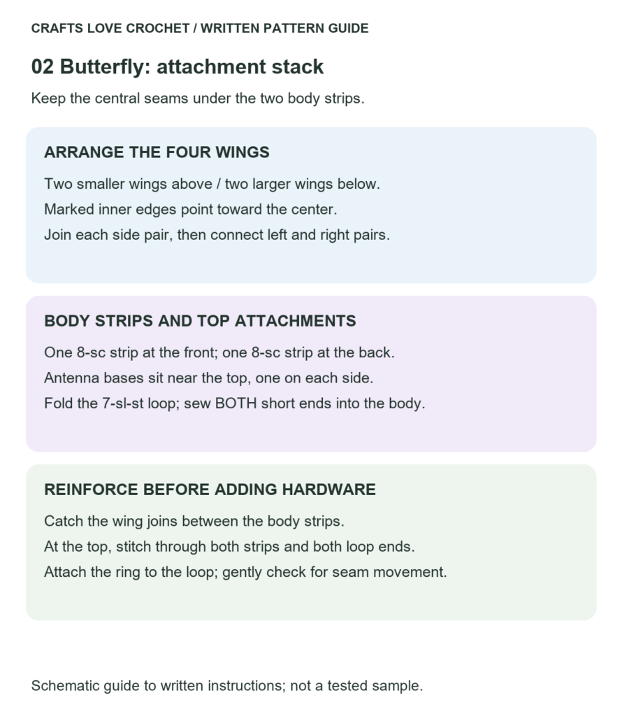 Body Sandwich and Keyring Loop — schematic guide to the written crochet instructions