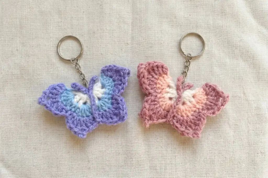 Crochet Butterfly Keychain Pattern with colorful two-tone wings and decorative antennae