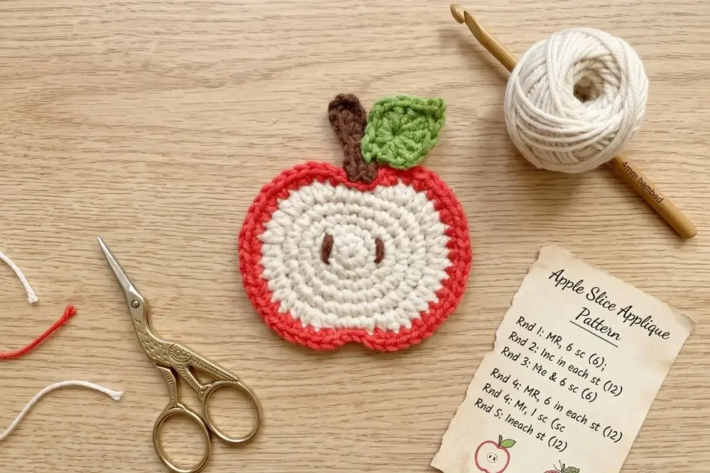 Crochet Apple Slice Appliqué Pattern made with cream, red, green, and brown worsted weight yarn