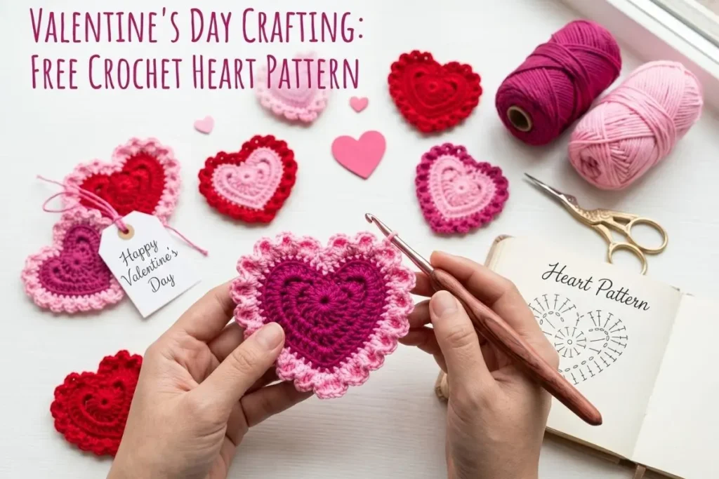 Crochet Frilly Heart Appliqué Pattern with layered pink heart and delicate ruffled border made using US crochet terms.