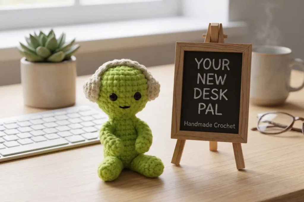 Cute Crochet Little Alien Amigurumi Pattern made with green yarn and fluffy white side hair