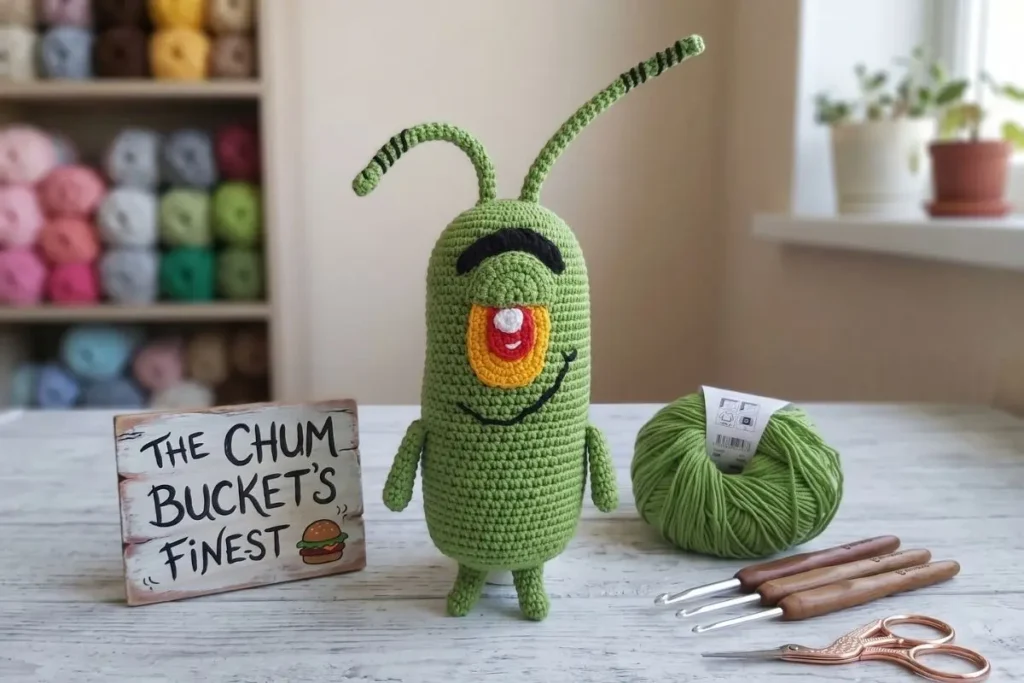 Original One-Eyed Alien Amigurumi Crochet Pattern finished plush with large embroidered eye and flexible antennae