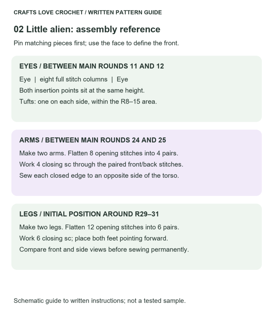 Little alien assembly guide showing eye spacing, side tuft area, arm attachment between rounds 24 and 25 and leg placement around rounds 29 to 31.